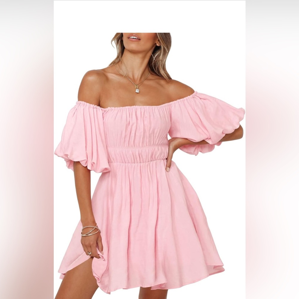 SYZRI Women's Summer Puff Sleeve Off Shoulder Mini Dress